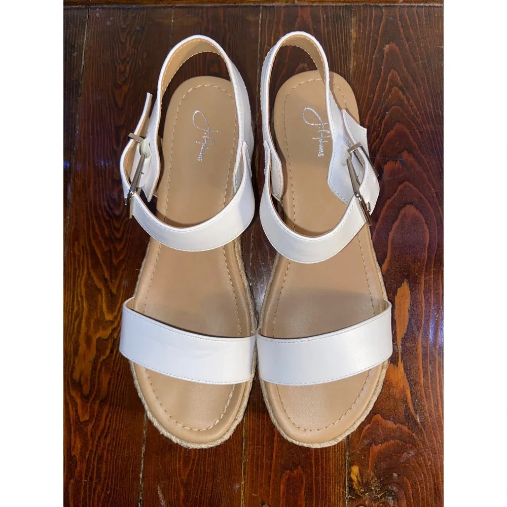 J. Adams White Platform Espadrille Sandals Wedge Buckle Coastal Boho Minimalist
